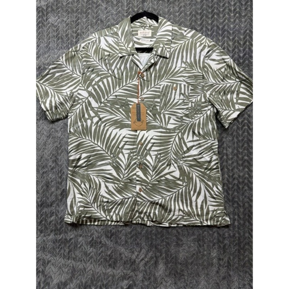 Weatherproof Vintage Mens XL Linen Blend Palm Leaf Print Button Down Shirt Green